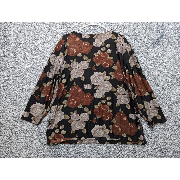 VTG Express Top Size Medium 90s Dark Floral Relaxed Fit Long Sleeve Stretch Blk - Picture 2 of 12